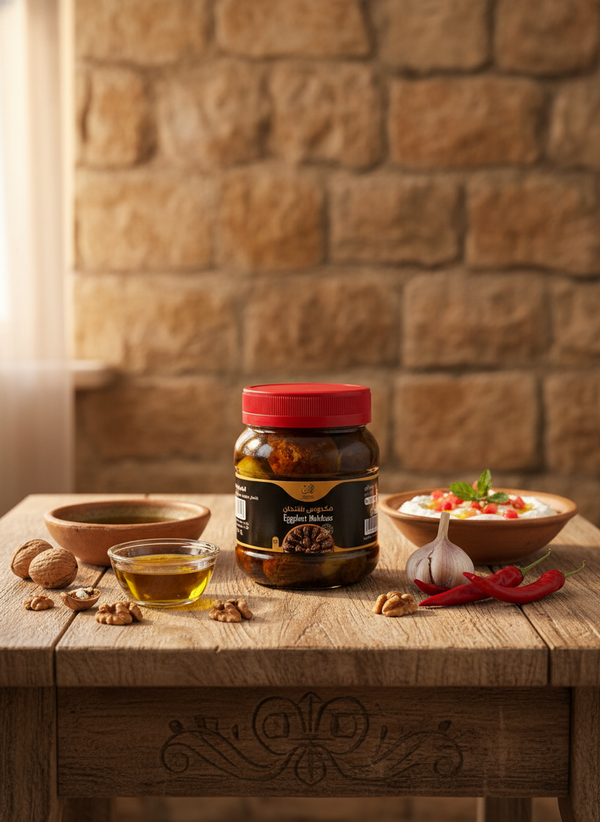 مكدوس باذنجان محشي بالمكسرات  زيت زيتون صافي  أطياب الفلاحة (700 مل)