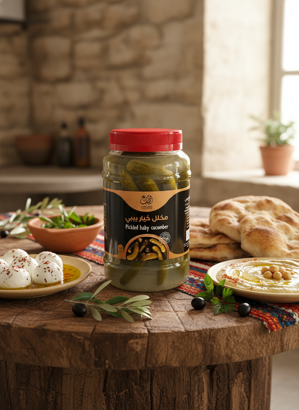 مخلل خيار بيبي فلسطيني من أطياب الفلاحة – منتج طبيعي بلدي يدوي الصنع من نساء الريف